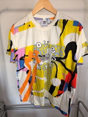 adidas Cream Tee with Yellow, Orange, Purple and Blue Graphic AOP Trefoil